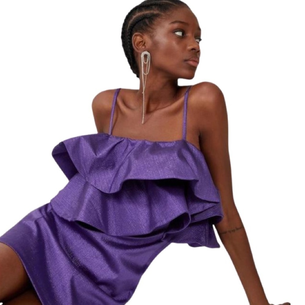 ZARA Ruffled Purple Metallic Mini Dress NWT